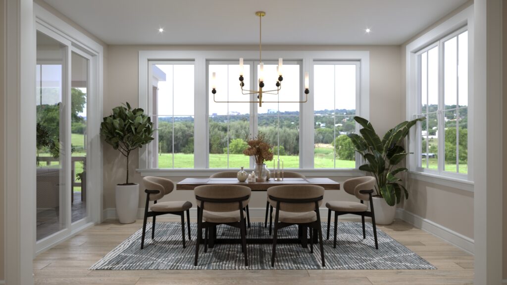 Dining room with a round table, six chairs, and a chandelier overlooking greenery