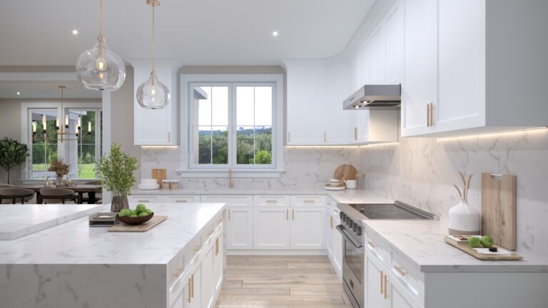 Modern white kitchen with a marble waterfall island