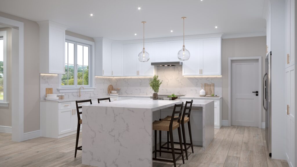 White kitchen with a large island and bar stools