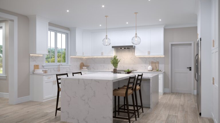White kitchen with a large island and bar stools