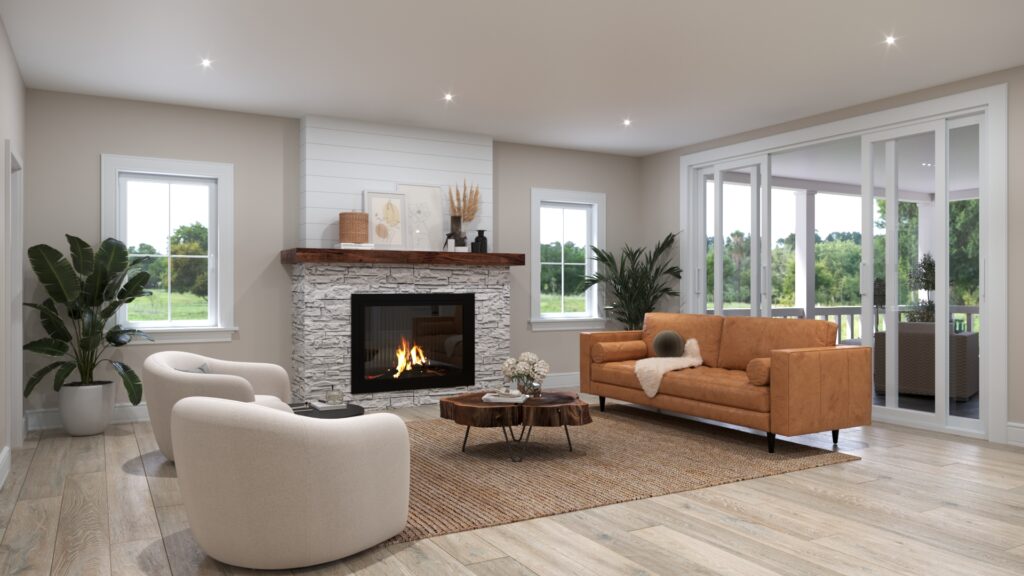 Living room with a stone fireplace, leather sofa, and curved accent chairs