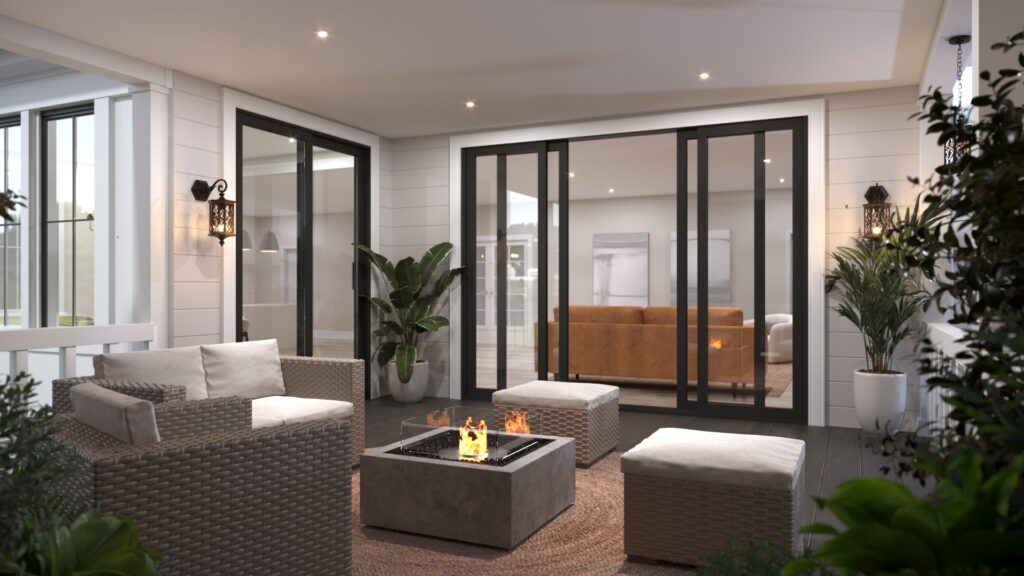 Covered outdoor patio with a modern fire table and lounge seating